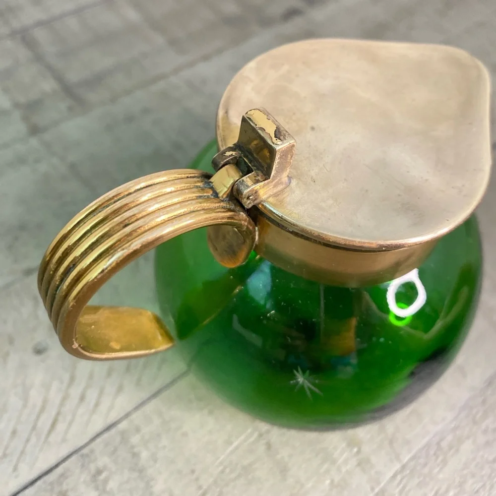 Vintage Emerald Glo Star Cut Green Glass Brass Pitcher Saucer National SilverCo